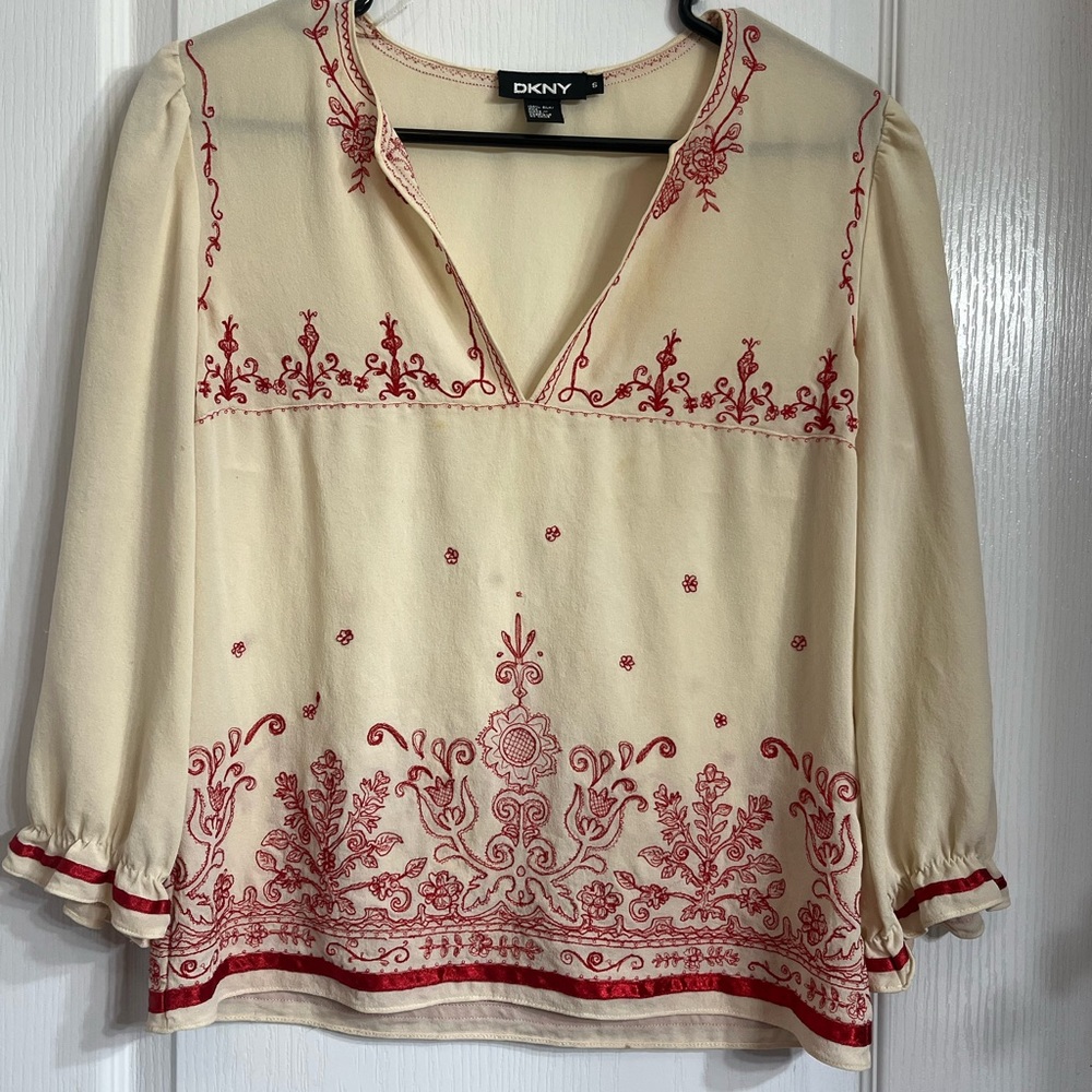 DKNY Bohemian Cream Silk Blouse Top Size 6